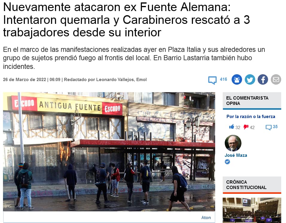 Nuevamente atacaron ex Fuente Alemana Intentaron quemarla y Carabineros rescató a 3 trabajadores desde su interior Emol.com